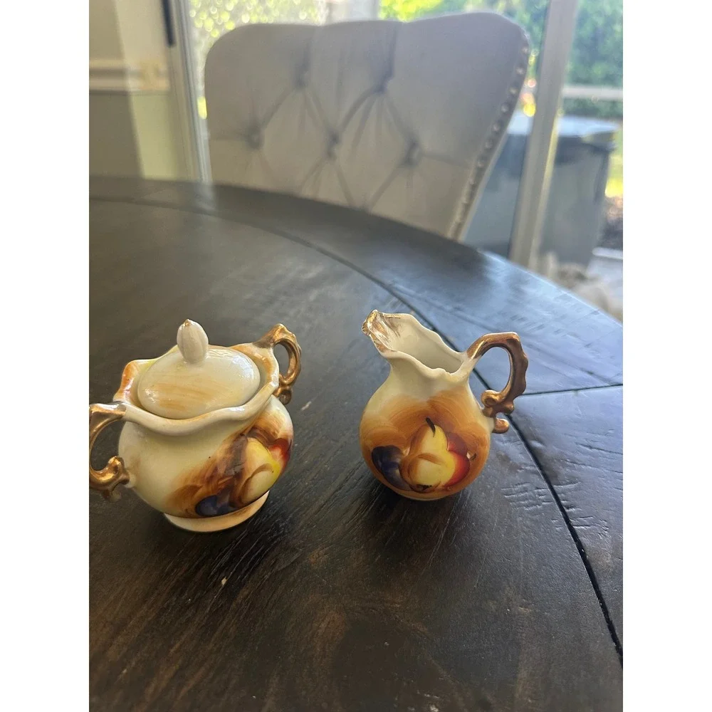 Vintage Mini Creamer Sugar Bowl Set Hand Painted Fruit Gold Trim Porcelain Japan